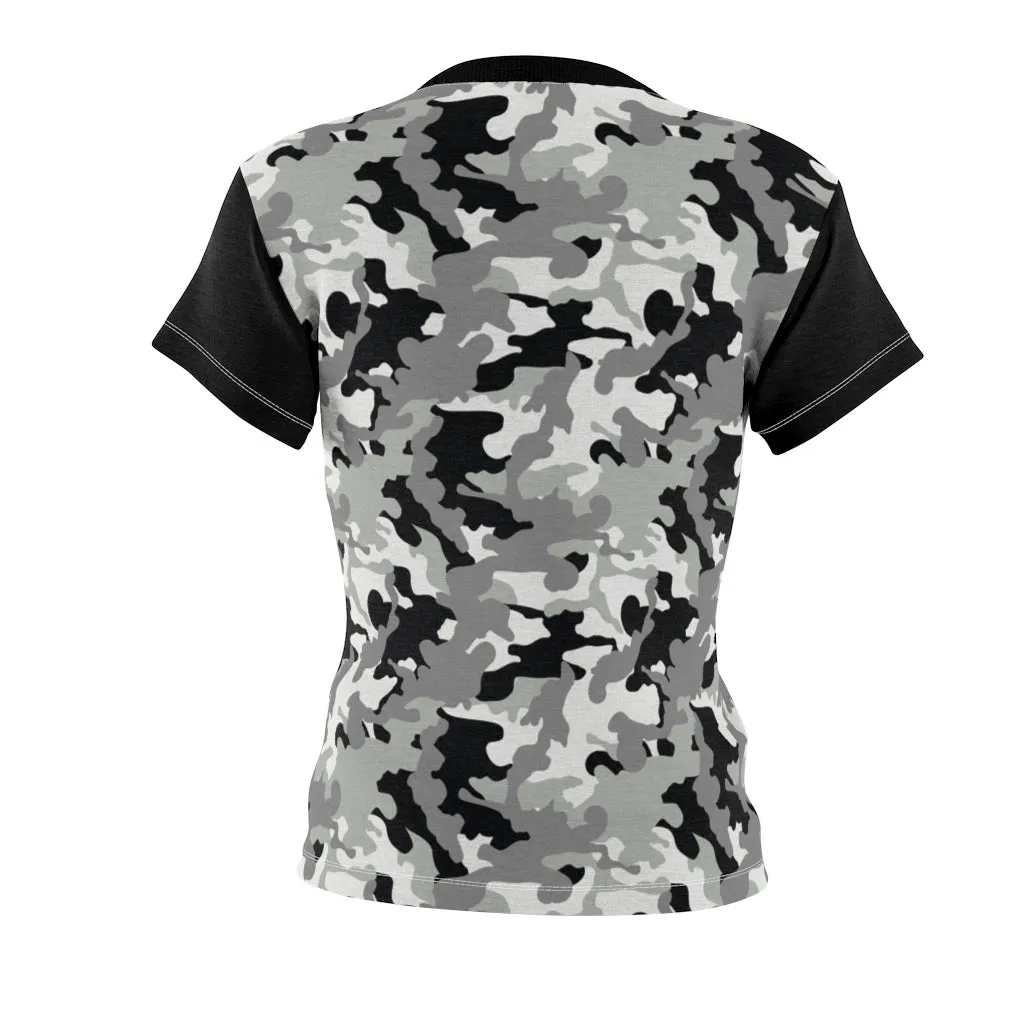 Camo Pattern Women's Tee Black, White and Gray Snow Camouflage With Contrast Sleeves