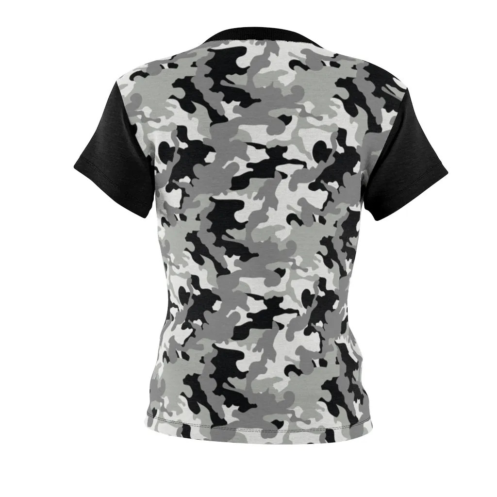 Camo Pattern Women's Tee Black, White and Gray Snow Camouflage With Contrast Sleeves