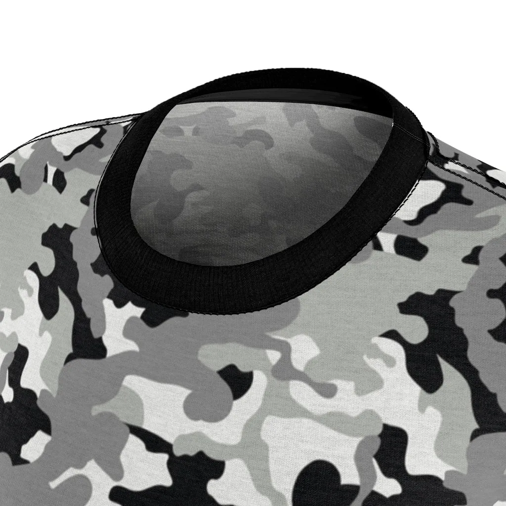 Camo Pattern Women's Tee Black, White and Gray Snow Camouflage With Contrast Sleeves