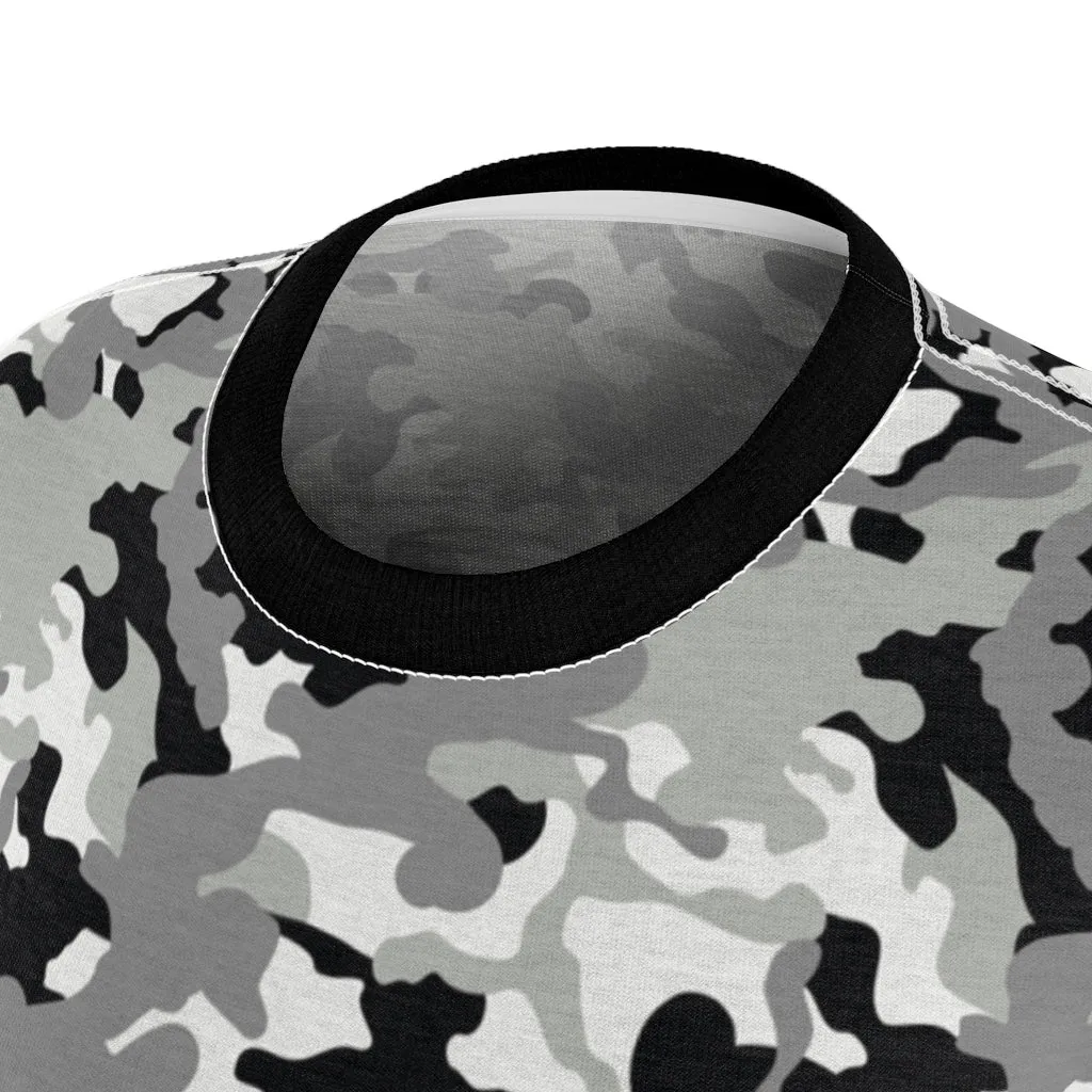 Camo Pattern Women's Tee Black, White and Gray Snow Camouflage With Contrast Sleeves