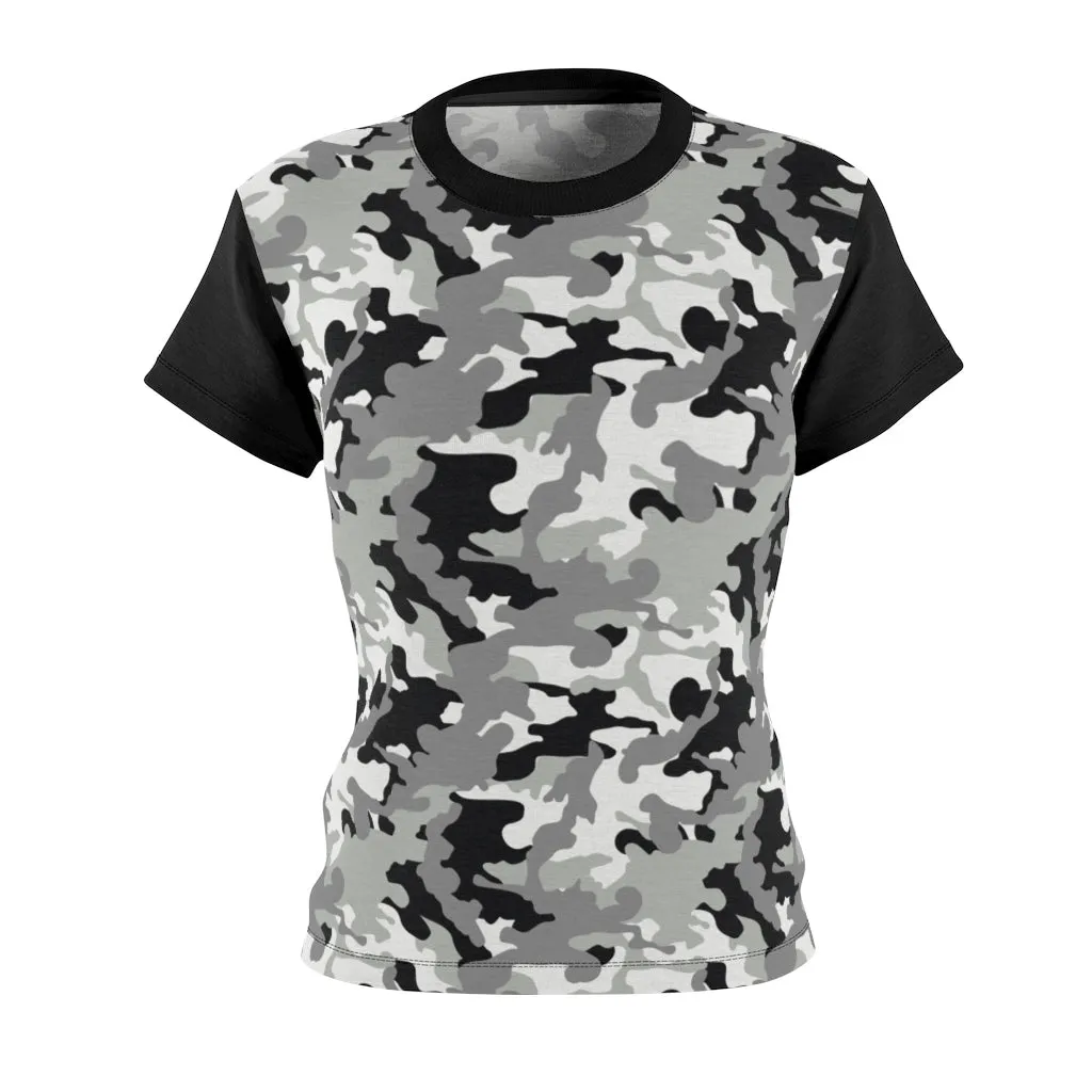 Camo Pattern Women's Tee Black, White and Gray Snow Camouflage With Contrast Sleeves