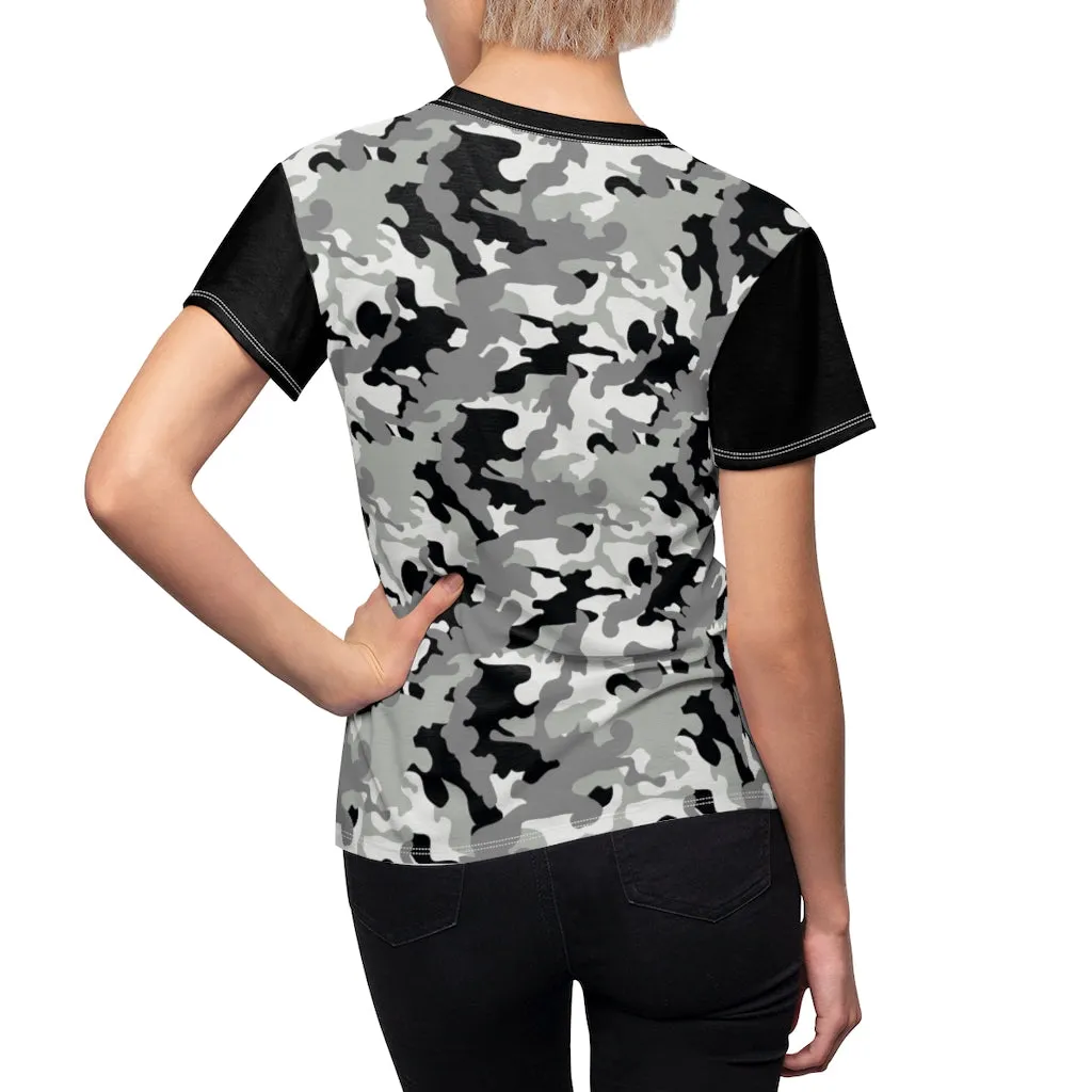 Camo Pattern Women's Tee Black, White and Gray Snow Camouflage With Contrast Sleeves