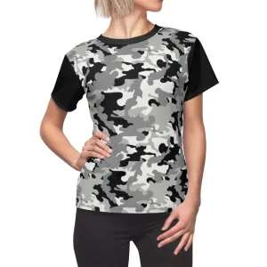 Camo Pattern Women's Tee Black, White and Gray Snow Camouflage With Contrast Sleeves