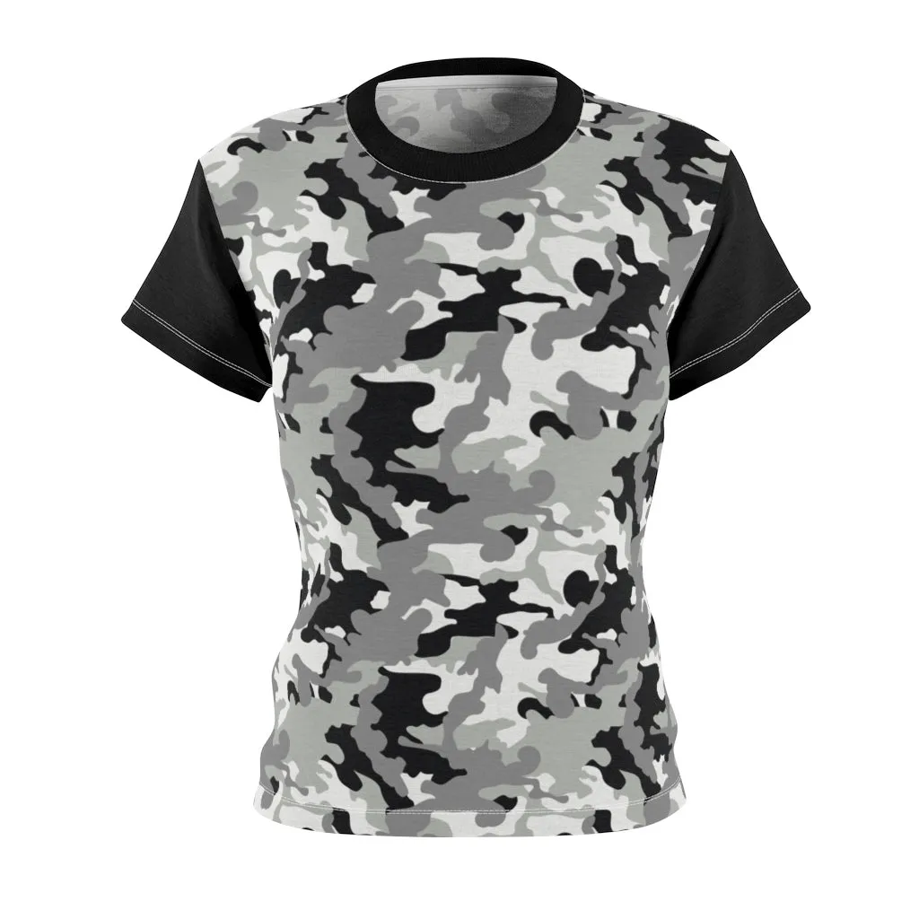 Camo Pattern Women's Tee Black, White and Gray Snow Camouflage With Contrast Sleeves