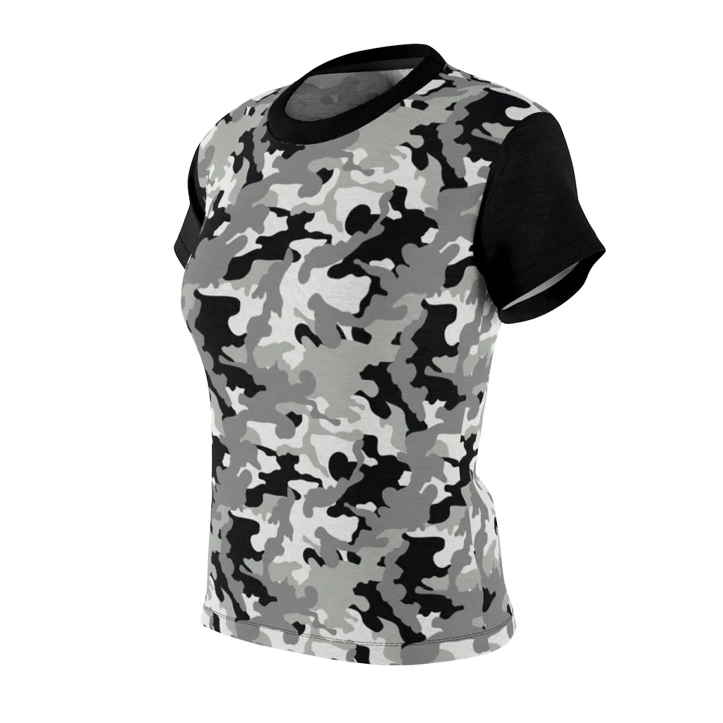 Camo Pattern Women's Tee Black, White and Gray Snow Camouflage With Contrast Sleeves
