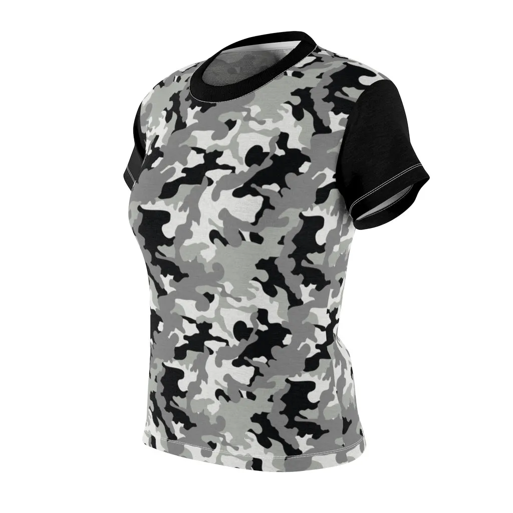 Camo Pattern Women's Tee Black, White and Gray Snow Camouflage With Contrast Sleeves