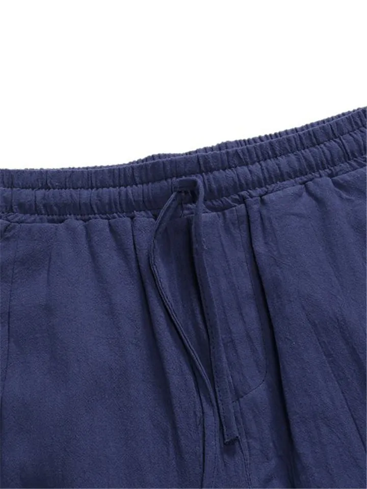Casual Loose Breathable Solid Color Drawstring Linen Shorts