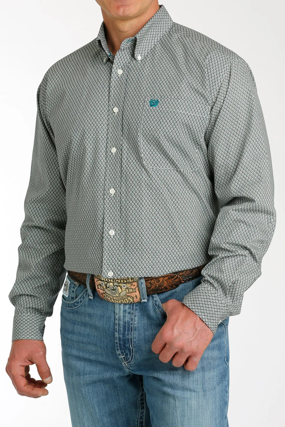 Cinch Men's Long Sleeve Shirt Cream, Teal & Black Geometric Print