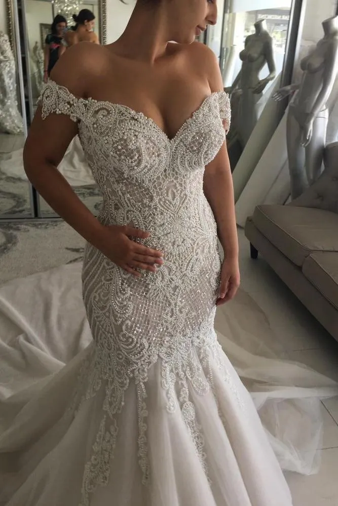 Classic Off the shoulder Sweetheart Pearl Mermaid Chapel Train Wedding Dress