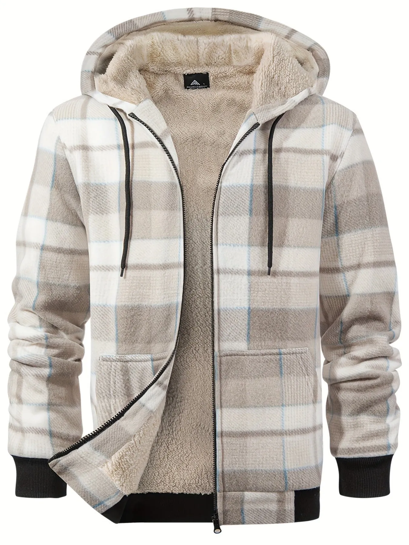 Cozy Plaid Hooded Fleece Jacket - Soft, Warm, and Water-Resistant Zip-Up Hoodie for Autumn and Winter Daily Outerwear - Classic Design, Casual, and Trendy Long Sleeve Jacket for Men