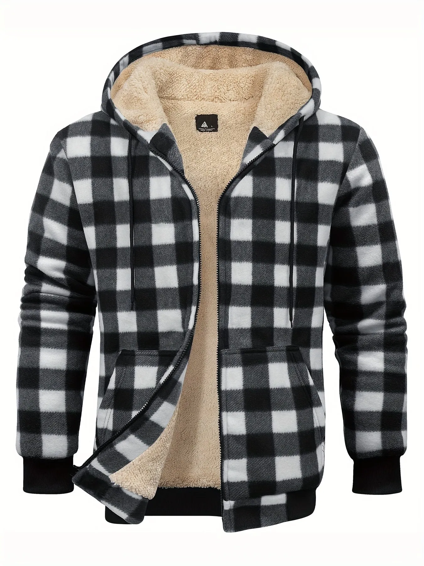 Cozy Plaid Hooded Fleece Jacket - Soft, Warm, and Water-Resistant Zip-Up Hoodie for Autumn and Winter Daily Outerwear - Classic Design, Casual, and Trendy Long Sleeve Jacket for Men