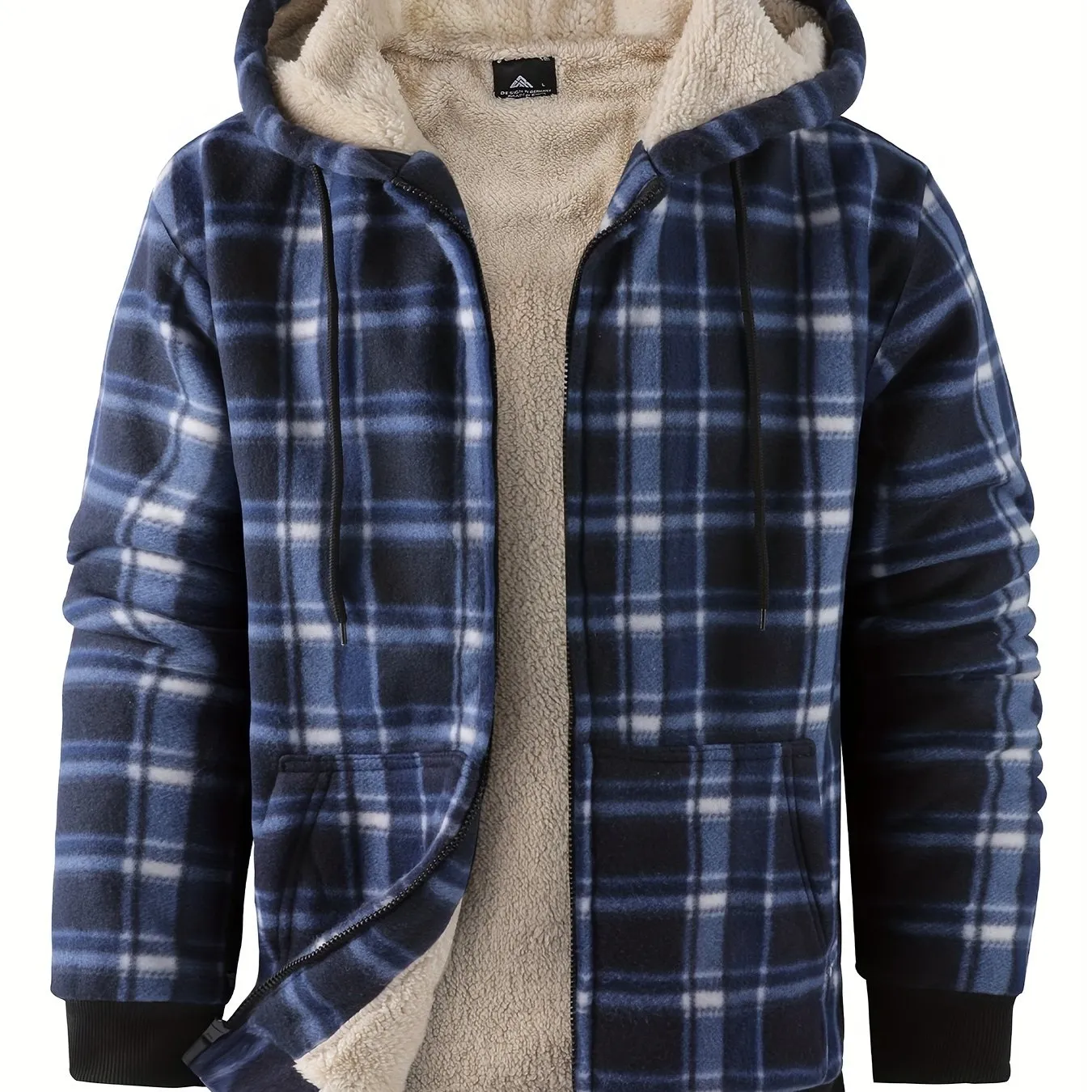 Cozy Plaid Hooded Fleece Jacket - Soft, Warm, and Water-Resistant Zip-Up Hoodie for Autumn and Winter Daily Outerwear - Classic Design, Casual, and Trendy Long Sleeve Jacket for Men