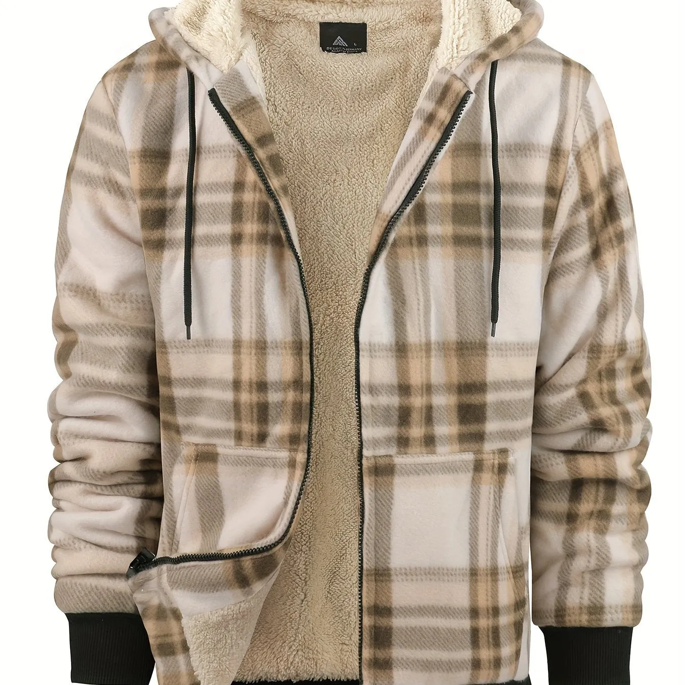 Cozy Plaid Hooded Fleece Jacket - Soft, Warm, and Water-Resistant Zip-Up Hoodie for Autumn and Winter Daily Outerwear - Classic Design, Casual, and Trendy Long Sleeve Jacket for Men