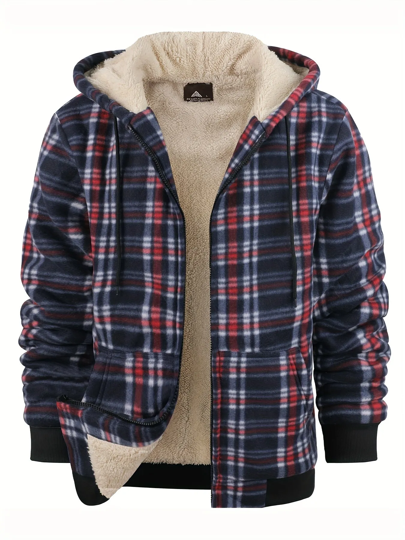 Cozy Plaid Hooded Fleece Jacket - Soft, Warm, and Water-Resistant Zip-Up Hoodie for Autumn and Winter Daily Outerwear - Classic Design, Casual, and Trendy Long Sleeve Jacket for Men