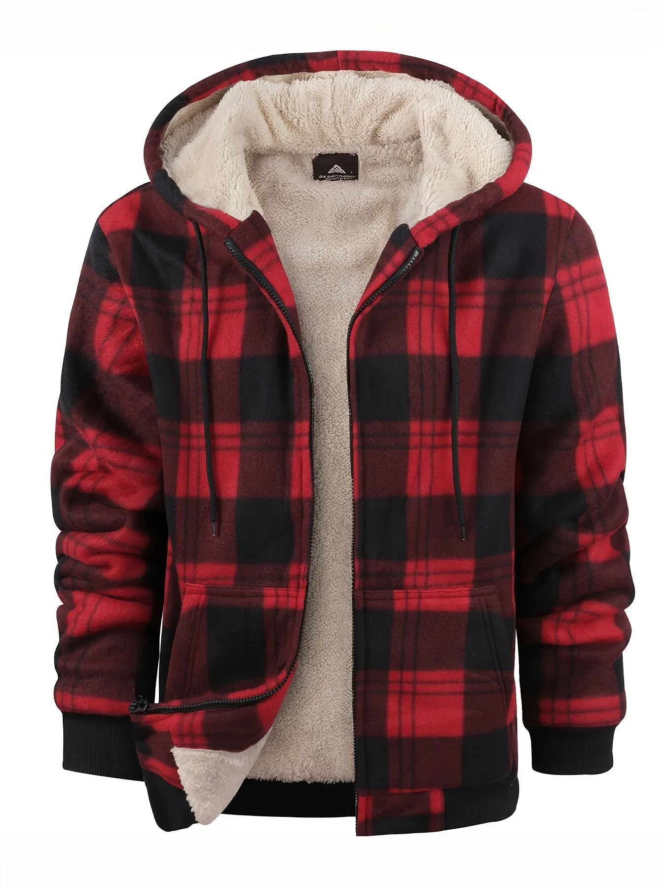 Cozy Plaid Hooded Fleece Jacket - Soft, Warm, and Water-Resistant Zip-Up Hoodie for Autumn and Winter Daily Outerwear - Classic Design, Casual, and Trendy Long Sleeve Jacket for Men