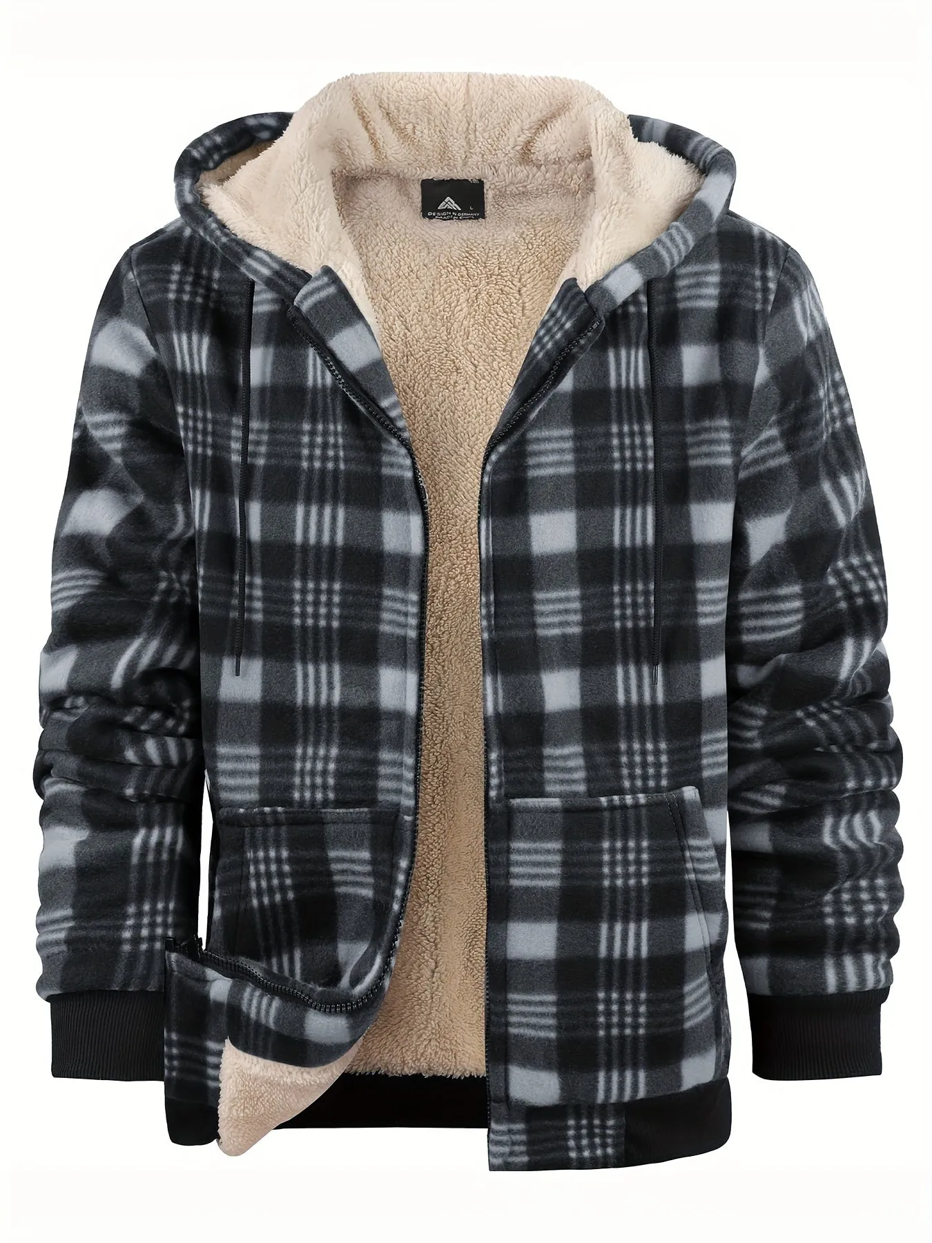Cozy Plaid Hooded Fleece Jacket - Soft, Warm, and Water-Resistant Zip-Up Hoodie for Autumn and Winter Daily Outerwear - Classic Design, Casual, and Trendy Long Sleeve Jacket for Men