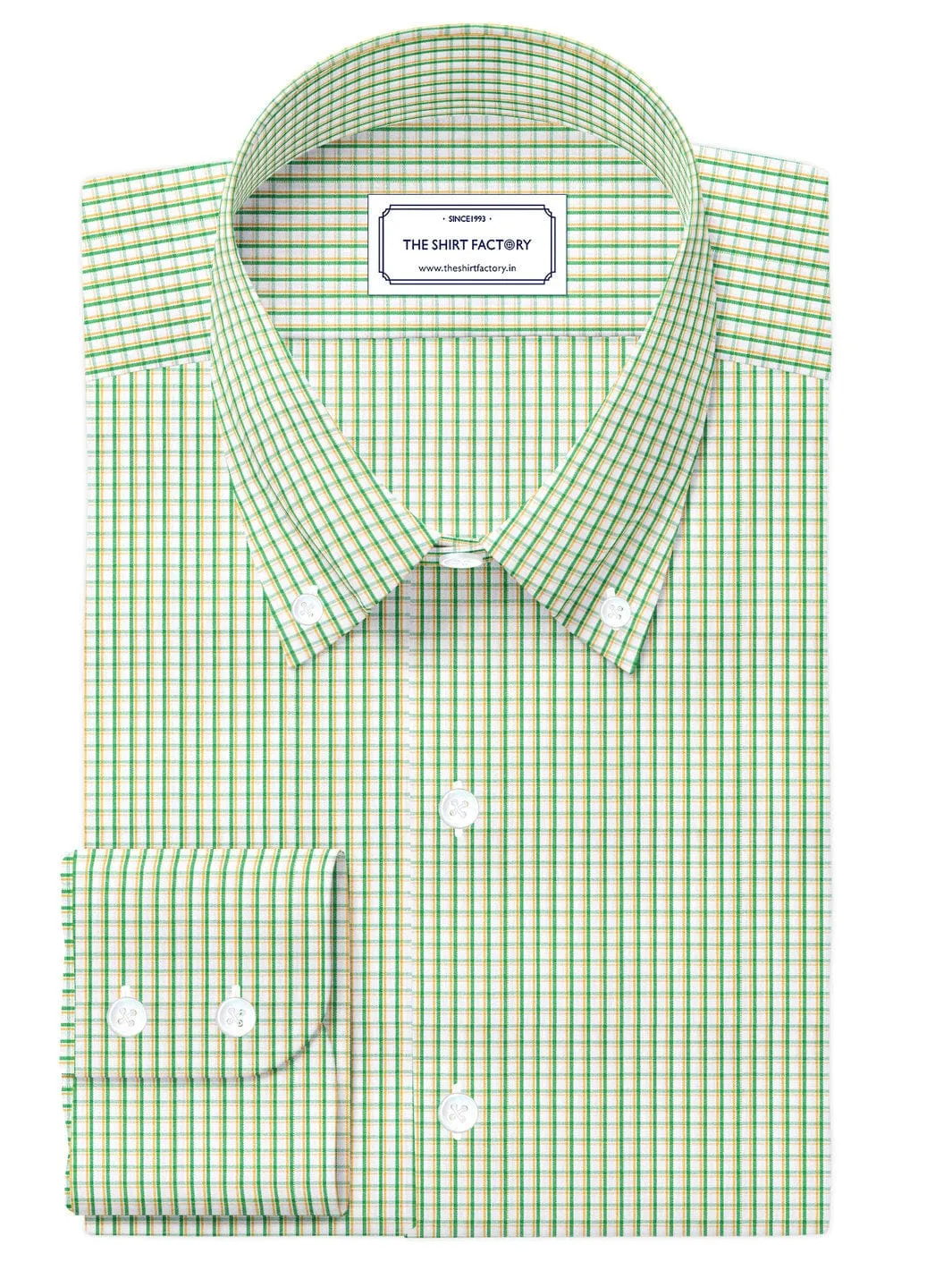 Custom Tailored Premium Cotton White Shirt with Green and Yellow check - CUS-10283
