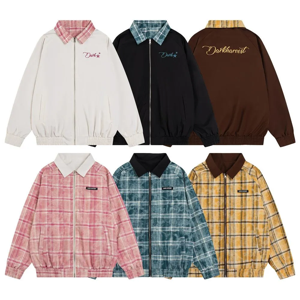 Double-sided Jacket Coat Vibe American Style Trendy Brand Loose Men's Lapel Baseball Dress Color-block Plaid Crock Top