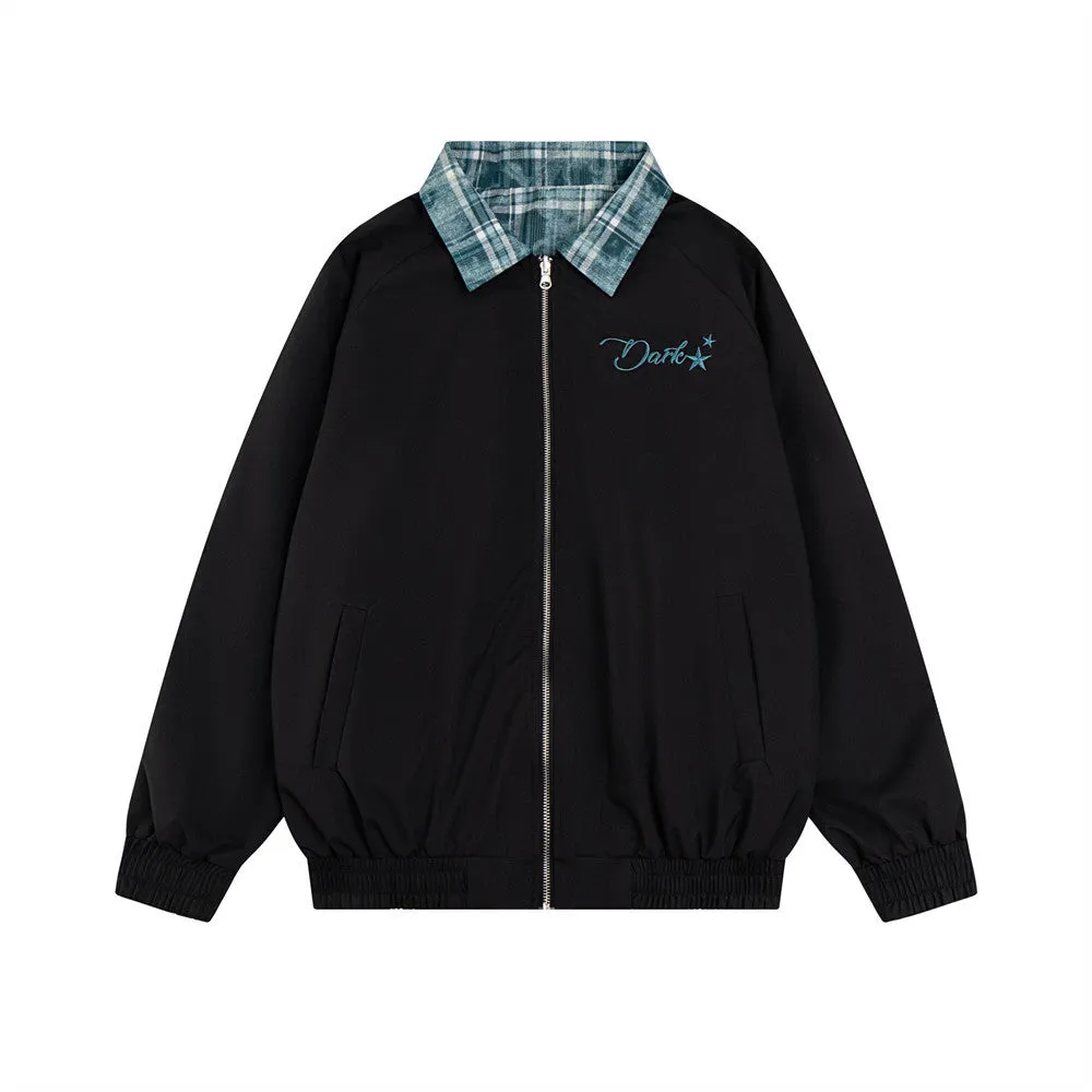 Double-sided Jacket Coat Vibe American Style Trendy Brand Loose Men's Lapel Baseball Dress Color-block Plaid Crock Top