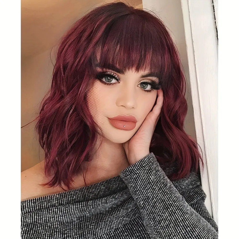 Elegant Short Bob Wig with Bangs for Women: 100% Density, Breathable, Heat-Resistant Curly Wavy Hair - Perfect for Daily and Party Use