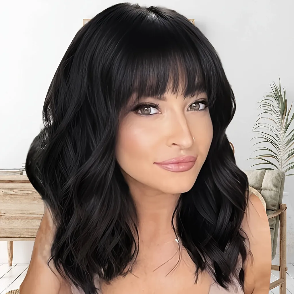 Elegant Short Bob Wig with Bangs for Women: 100% Density, Breathable, Heat-Resistant Curly Wavy Hair - Perfect for Daily and Party Use