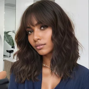 Elegant Short Bob Wig with Bangs for Women: 100% Density, Breathable, Heat-Resistant Curly Wavy Hair - Perfect for Daily and Party Use