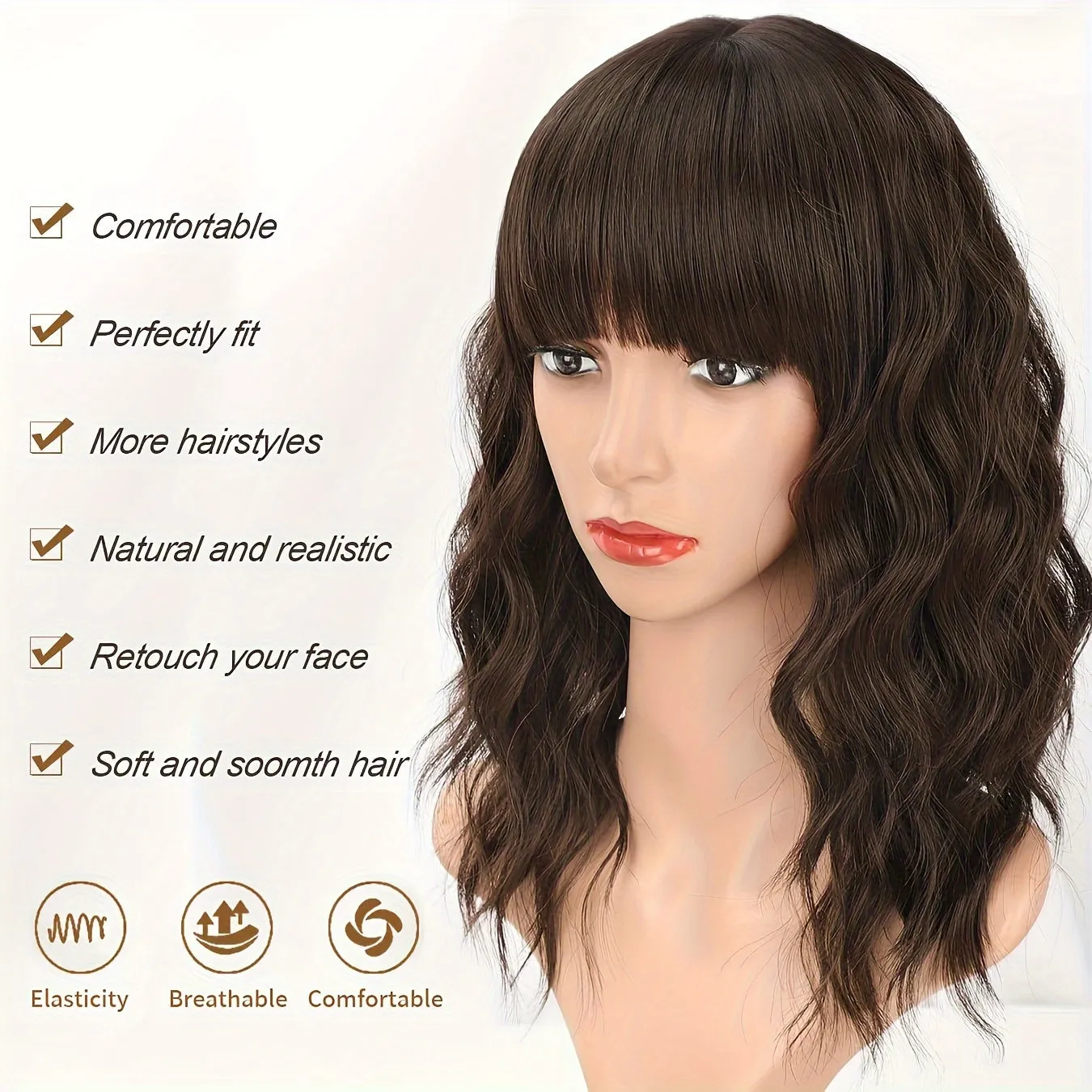 Elegant Short Bob Wig with Bangs for Women: 100% Density, Breathable, Heat-Resistant Curly Wavy Hair - Perfect for Daily and Party Use