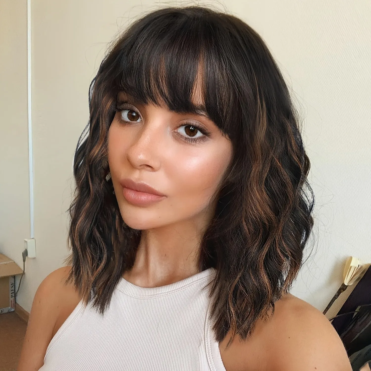 Elegant Short Bob Wig with Bangs for Women: 100% Density, Breathable, Heat-Resistant Curly Wavy Hair - Perfect for Daily and Party Use
