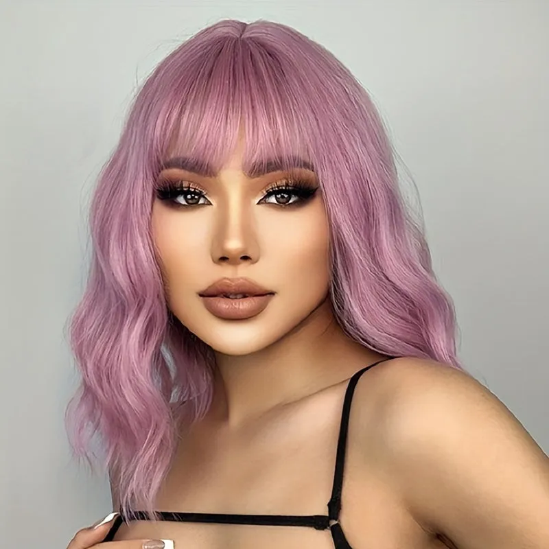 Elegant Short Bob Wig with Bangs for Women: 100% Density, Breathable, Heat-Resistant Curly Wavy Hair - Perfect for Daily and Party Use