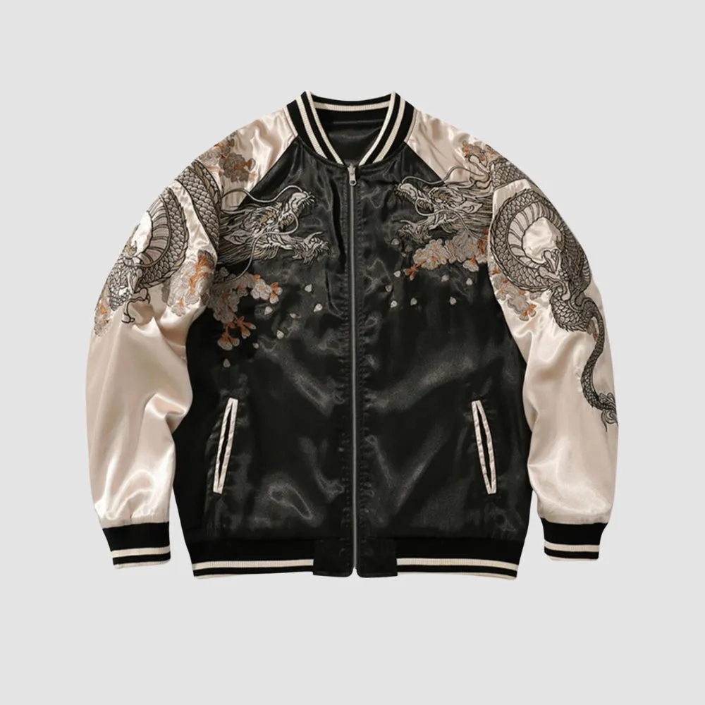 Embroidered White Fox Baseball Zipper Jacket