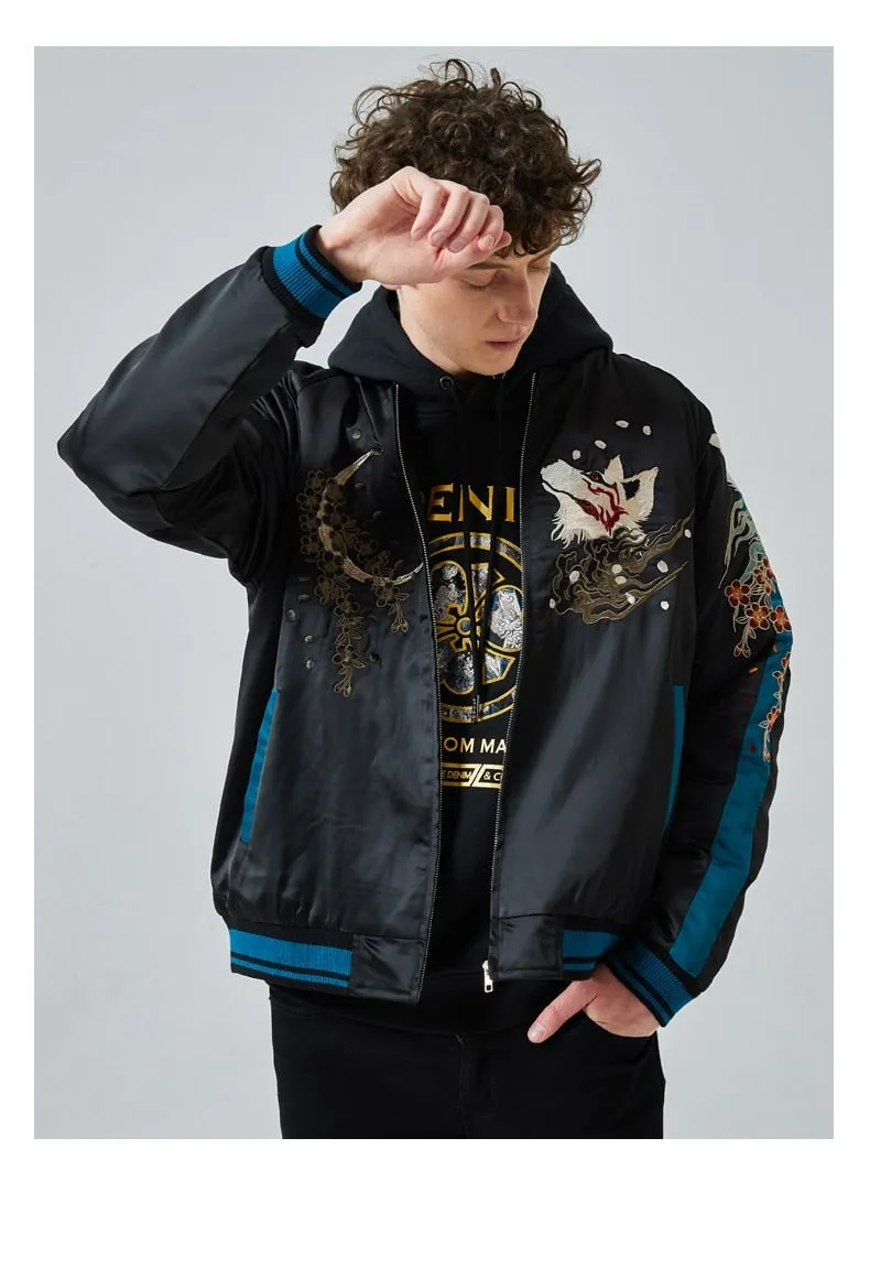 Embroidered White Fox Baseball Zipper Jacket