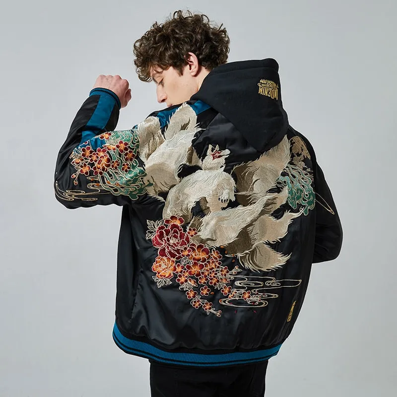 Embroidered White Fox Baseball Zipper Jacket