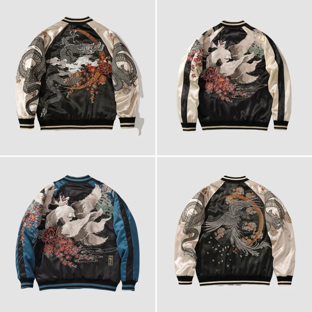 Embroidered White Fox Baseball Zipper Jacket