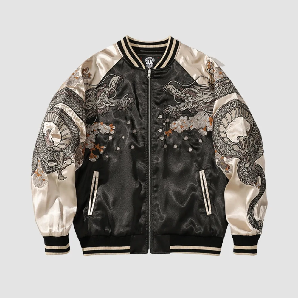 Embroidered White Fox Baseball Zipper Jacket
