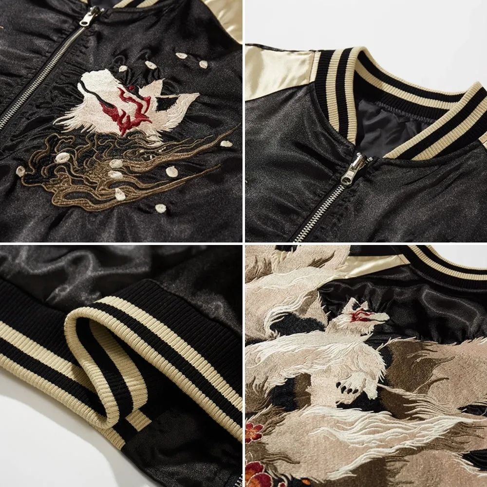 Embroidered White Fox Baseball Zipper Jacket