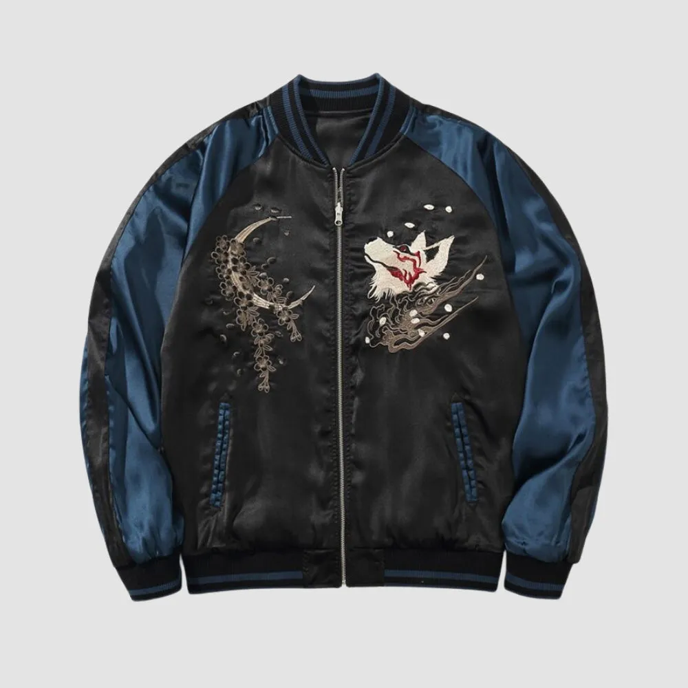 Embroidered White Fox Baseball Zipper Jacket