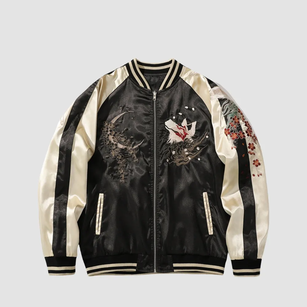 Embroidered White Fox Baseball Zipper Jacket