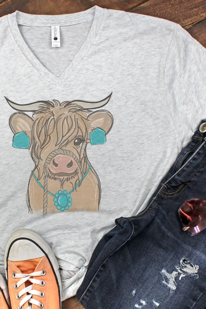 Fancy Turquoise Cow Tri-Blend V Neck Tee