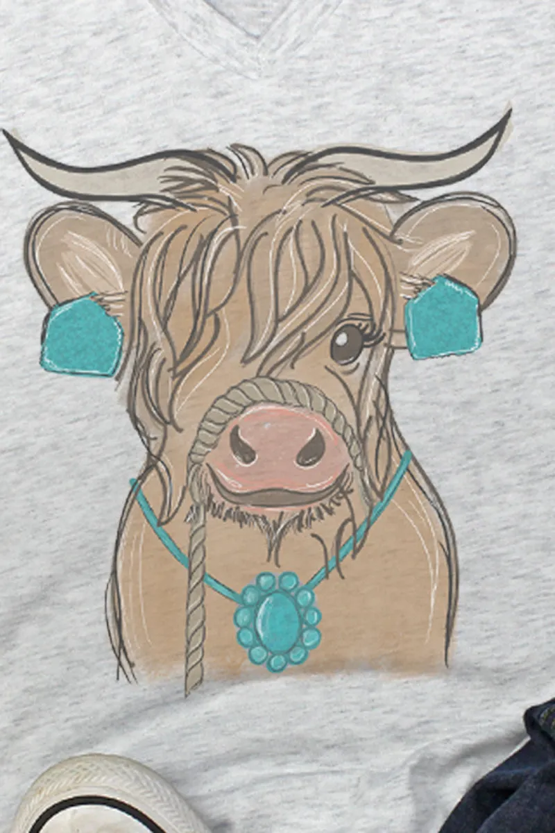 Fancy Turquoise Cow Tri-Blend V Neck Tee