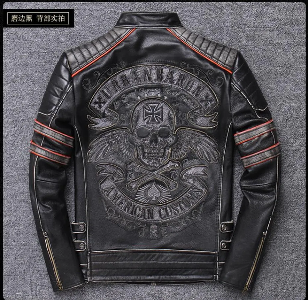 Free shipping.Brand Skull Cowhide coat.Cool Black Slim Genuine Leather Jacket,Rider Leather cloth.Chaqueta De Cuero Esqueleto