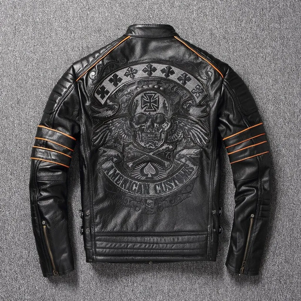 Free shipping.Brand Skull Cowhide coat.Cool Black Slim Genuine Leather Jacket,Rider Leather cloth.Chaqueta De Cuero Esqueleto