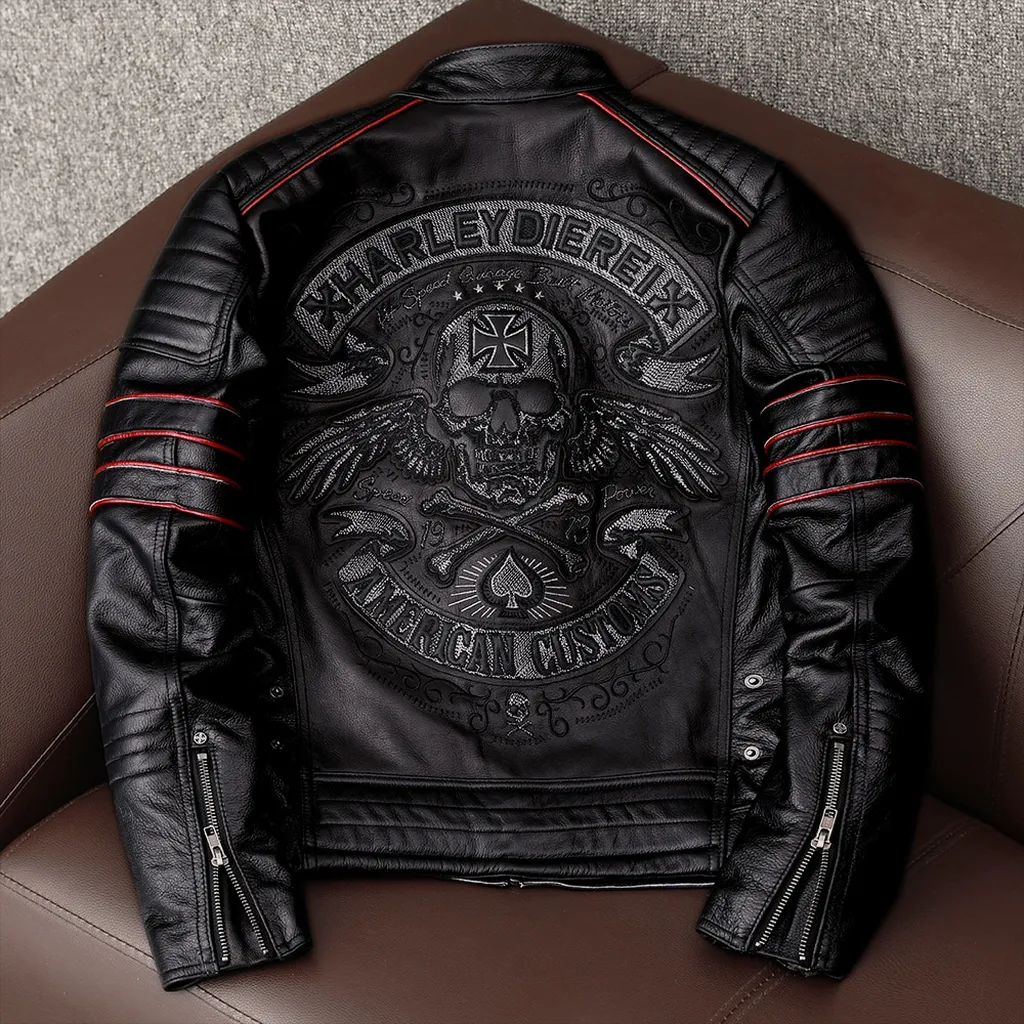 Free shipping.Brand Skull Cowhide coat.Cool Black Slim Genuine Leather Jacket,Rider Leather cloth.Chaqueta De Cuero Esqueleto