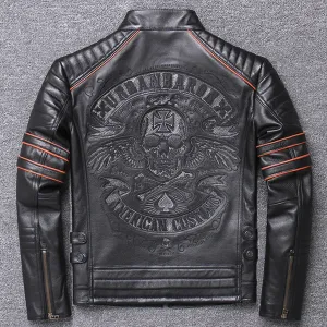 Free shipping.Brand Skull Cowhide coat.Cool Black Slim Genuine Leather Jacket,Rider Leather cloth.Chaqueta De Cuero Esqueleto
