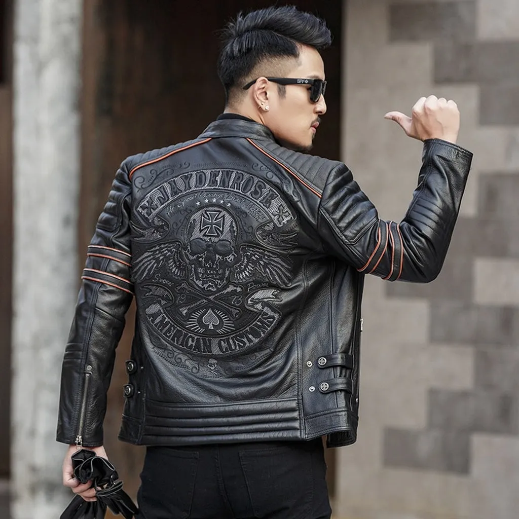 Free shipping.Brand Skull Cowhide coat.Cool Black Slim Genuine Leather Jacket,Rider Leather cloth.Chaqueta De Cuero Esqueleto