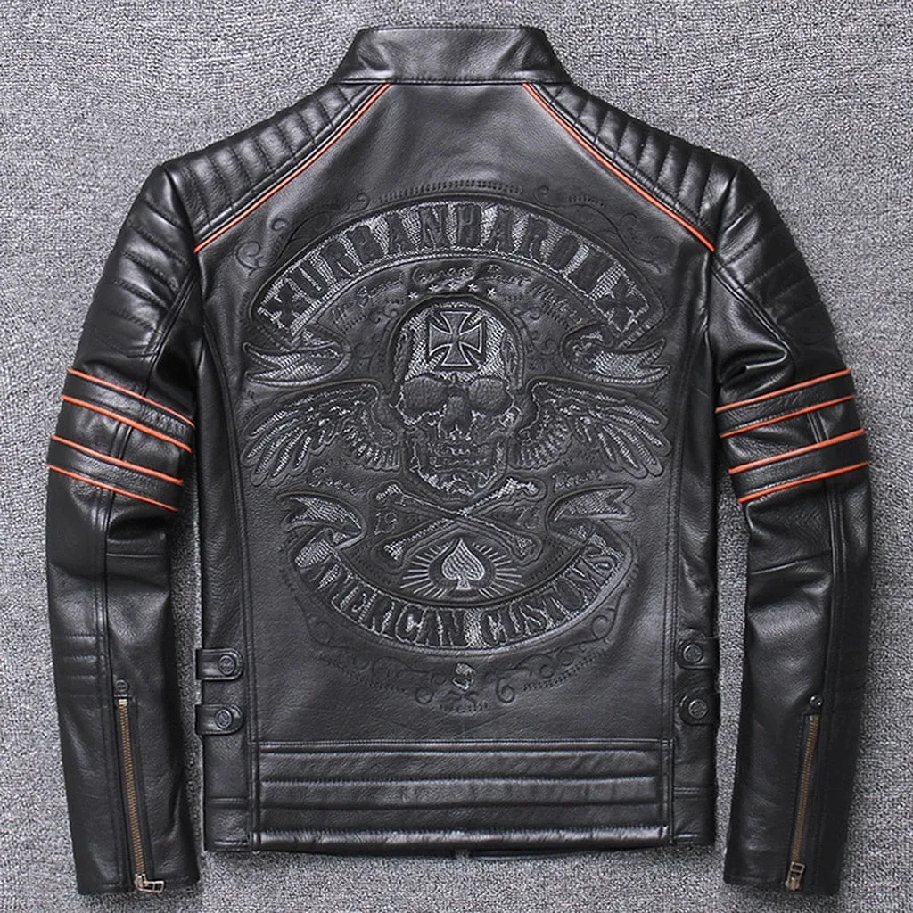 Free shipping.Brand Skull Cowhide coat.Cool Black Slim Genuine Leather Jacket,Rider Leather cloth.Chaqueta De Cuero Esqueleto