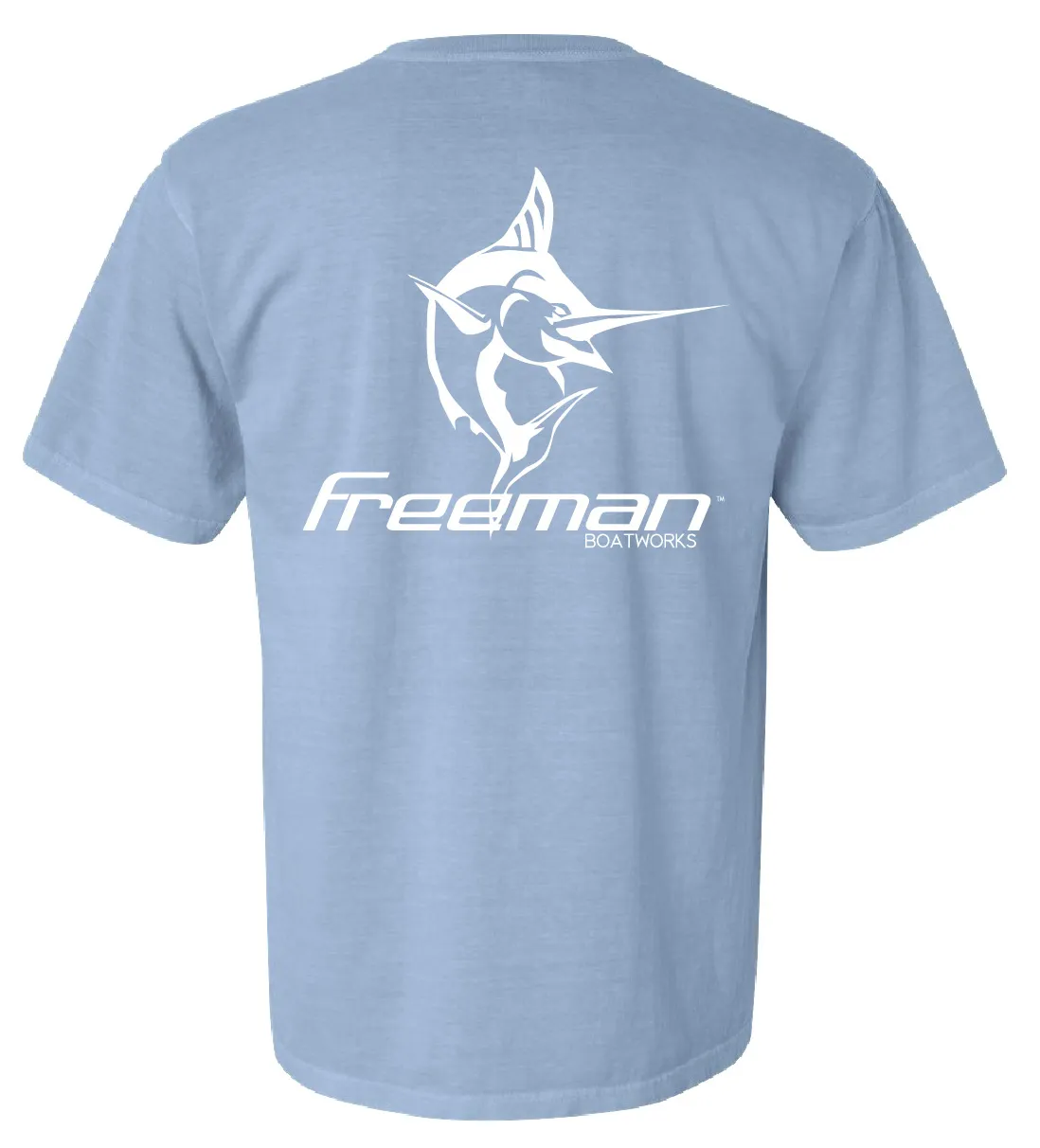 Freeman Boatworks Short Sleeve Blue shirt with White logo