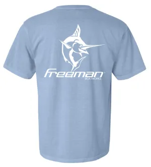 Freeman Boatworks Short Sleeve Blue shirt with White logo