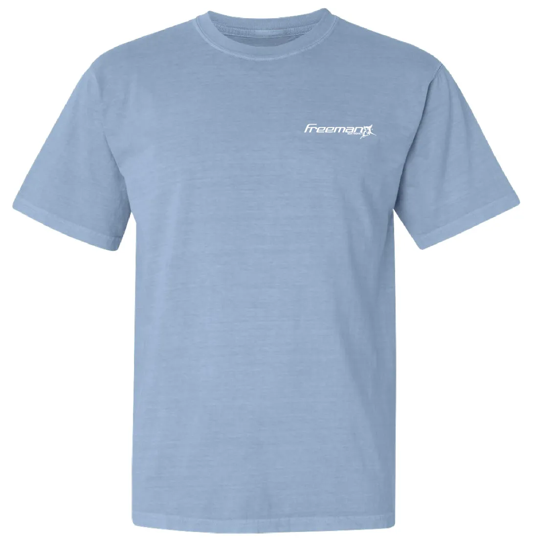 Freeman Boatworks Short Sleeve Blue shirt with White logo