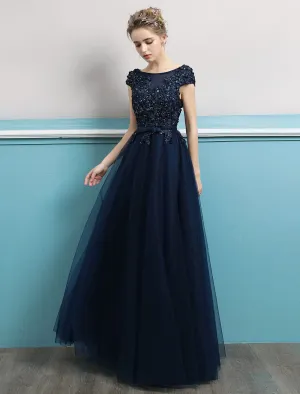 Glamorous Evening Dresses  Long Dark Navy Evening Dress Jewel Neck Open Back Sequin Flowers Beaded Tulle Floor Length Formal Gowns