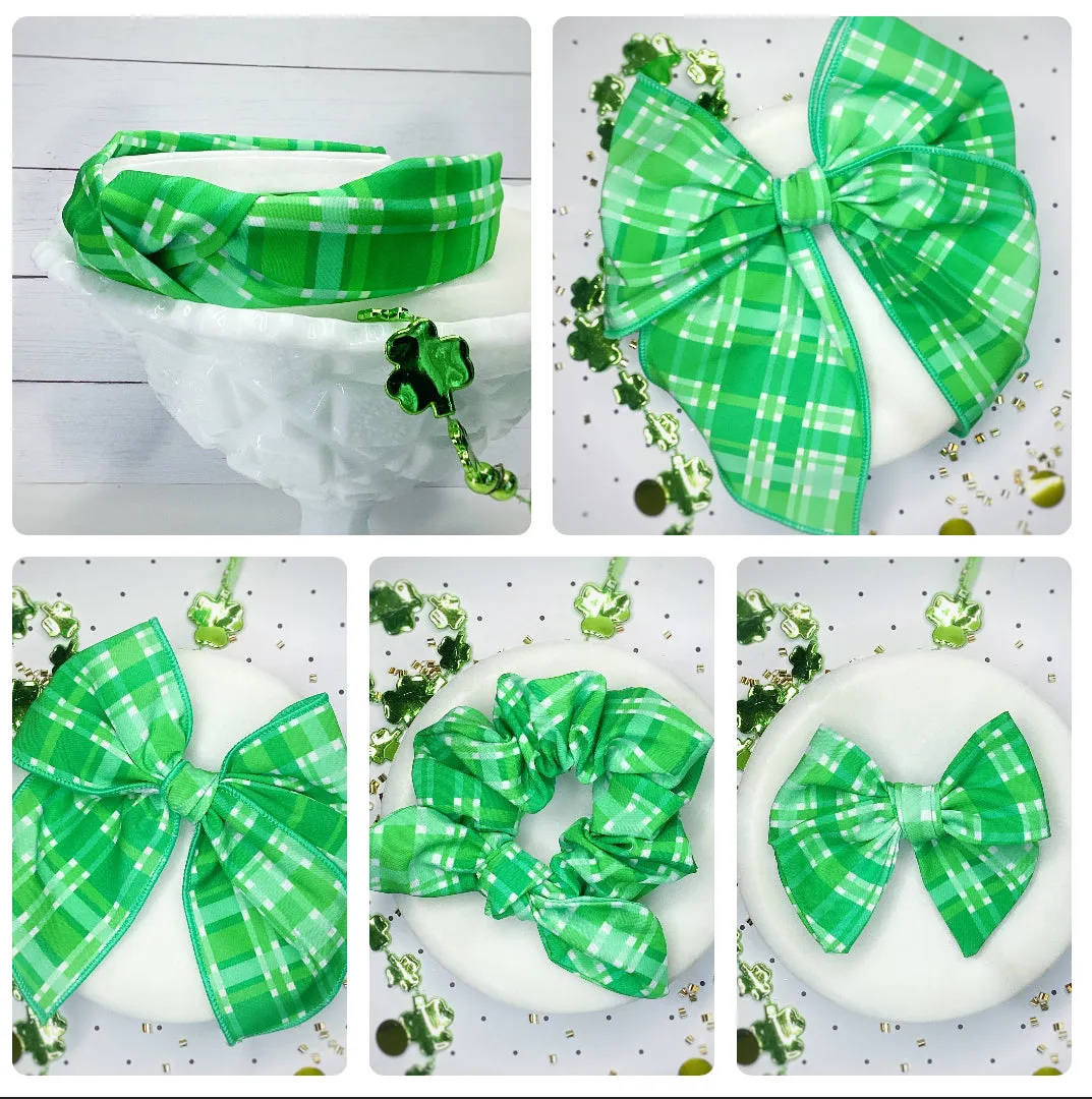 Green Plaid Bow Strip, Headband and Scrunchie Collection